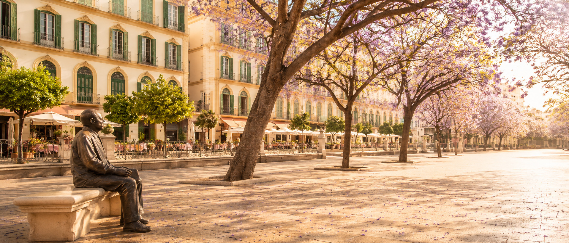 Blühende Jacaranda-Bäume und historische Gebäude an der Plaza de la Merced in Málaga.